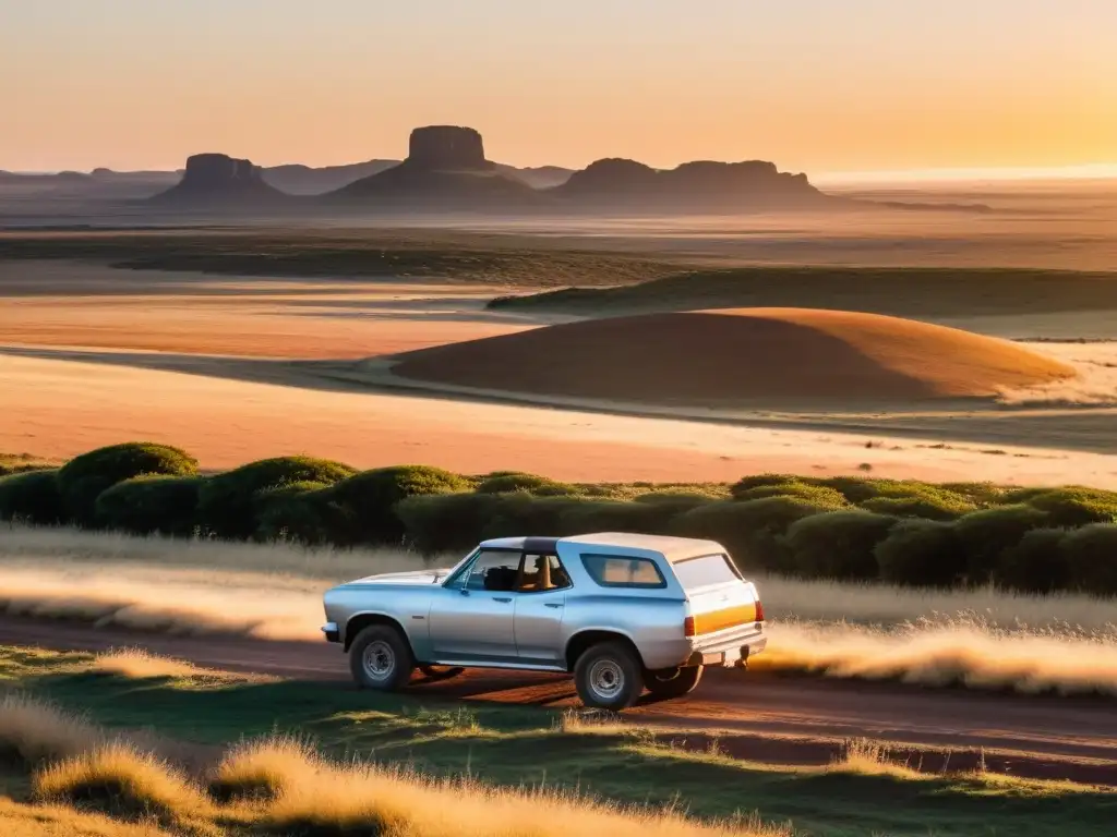 Consejos para viajar en coche por Uruguay: disfruta del pintoresco atardecer en las vastas llanuras, con su coche descapotable reflejando el sol