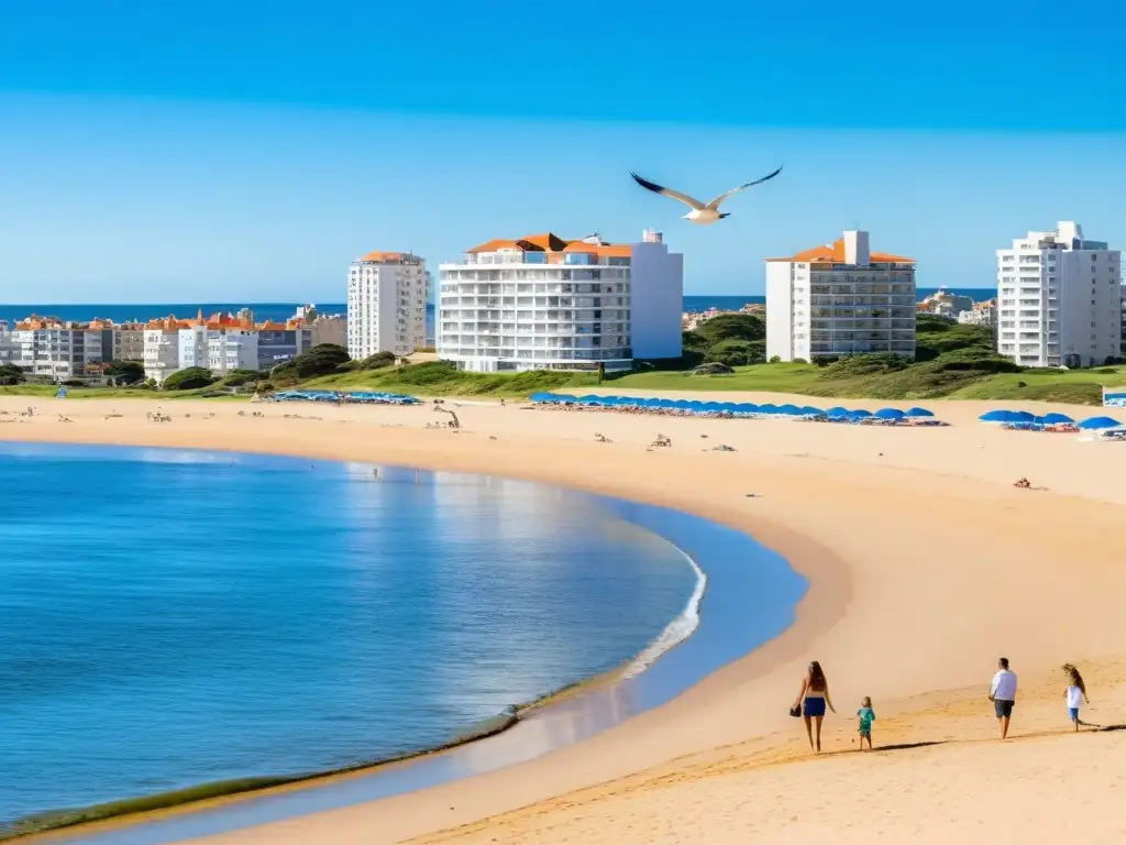 Consejos viaje Uruguay familia: Disfrutando de un día perfecto en Punta del Este, construyendo castillos de arena bajo un cielo azul vibrante