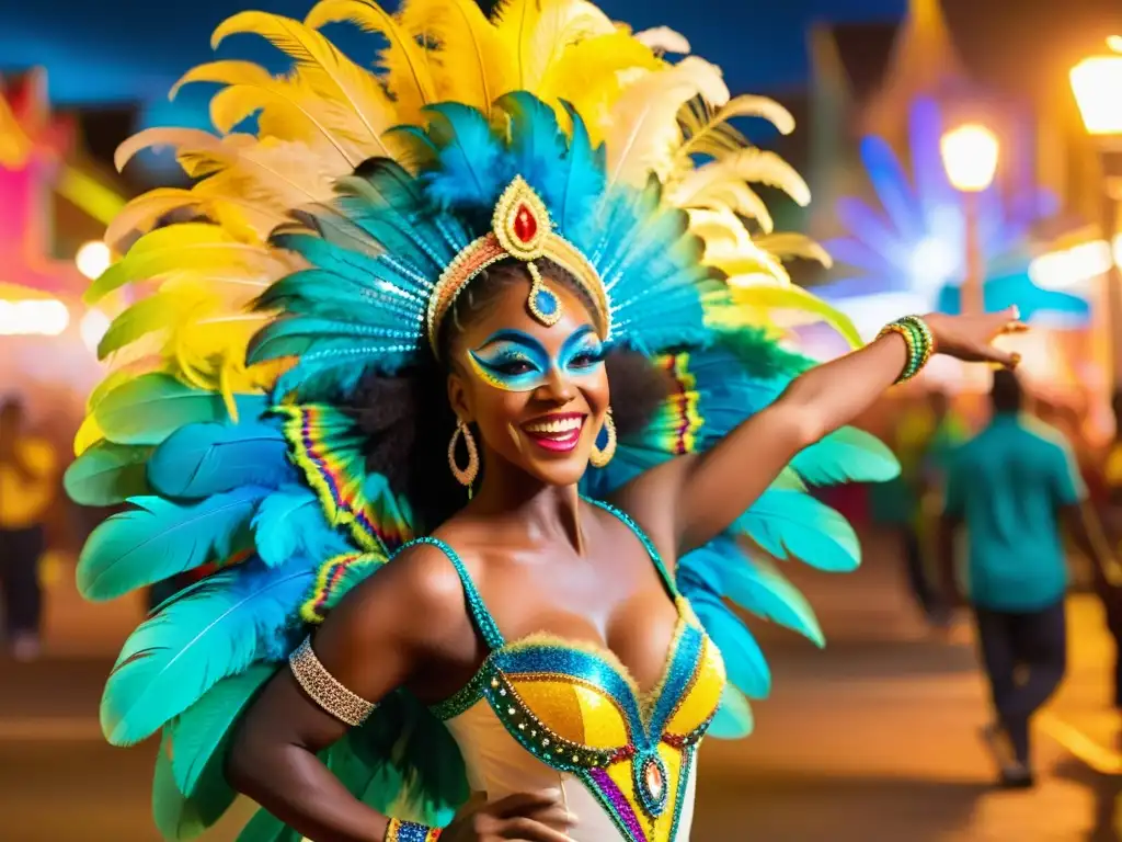 Consejos para capturar la esencia del Carnaval Uruguayo: una danzante, vestida con plumas vibrantes, ilumina la noche festiva