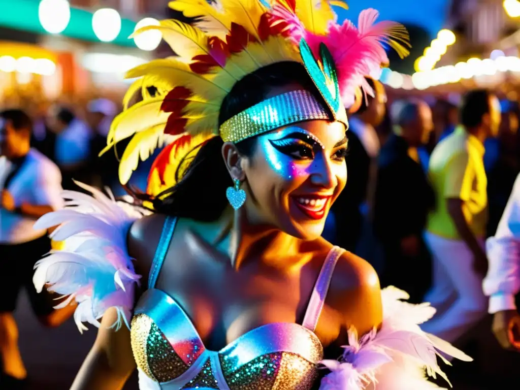 Consejos para capturar la esencia del Carnaval Uruguayo: danzas vibrantes, disfraces brillantes y espectadores extasiados bajo una noche estrellada