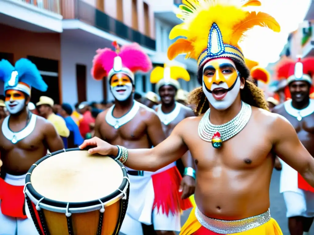 Consejos para capturar la esencia del Carnaval Uruguayo: murga vibrante, candombe apasionado, y espectadores danzando en las calles de Montevideo