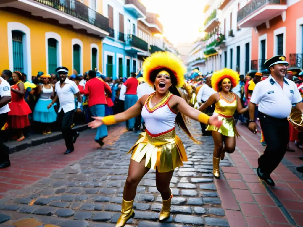 Consejos para capturar la esencia del Carnaval Uruguayo: escena vibrante de disfraces brillantes, danzas frenéticas y alegría bajo un sol dorado