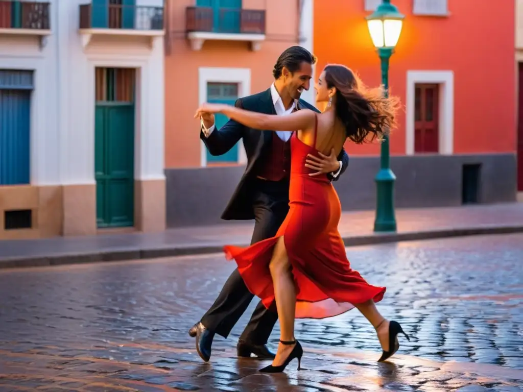 Consejos fotografía vida nocturna Uruguay: pareja bailando tango apasionadamente bajo la luz cálida en Montevideo, lleno de vida y encanto