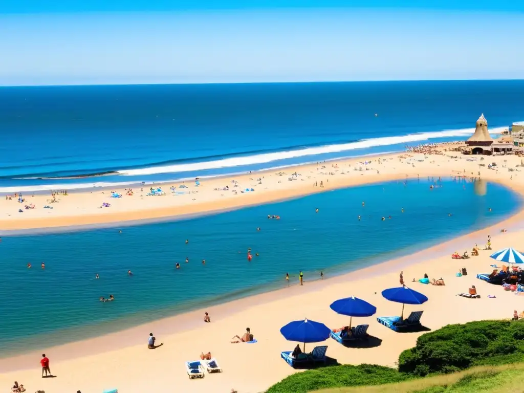 Consejos de seguridad en playas de Uruguay visibles en un día soleado, con vigilantes salvavidas y familias disfrutando