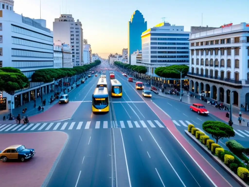 Consejos transporte económico Uruguay: bulliciosa ciudad de Montevideo con vintage coches, taxis, buses y peatones en sus actividades diarias