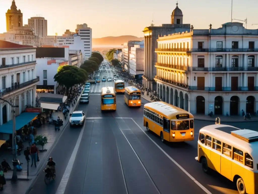 Consejos transporte económico Uruguay: Vibrante escena callejera uruguaya al atardecer, lleno de taxis vintage y modernos autobuses