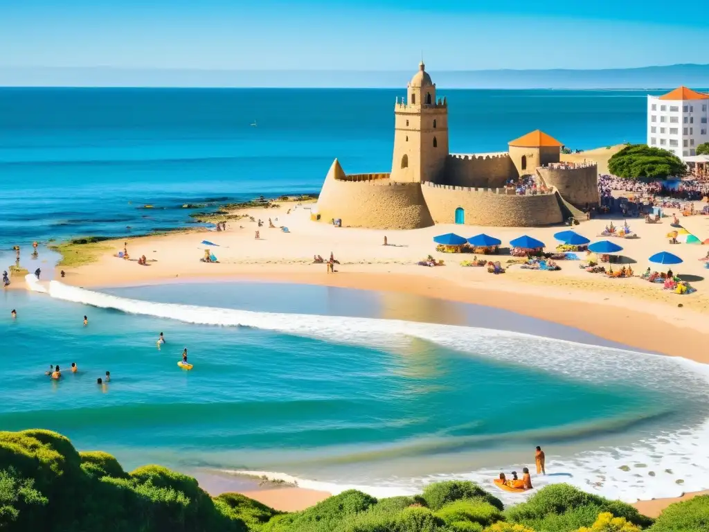 'Consejos para disfrutar el verano en Uruguay: niños creando castillos de arena, surfistas en el mar azul y un bullicioso mercado local