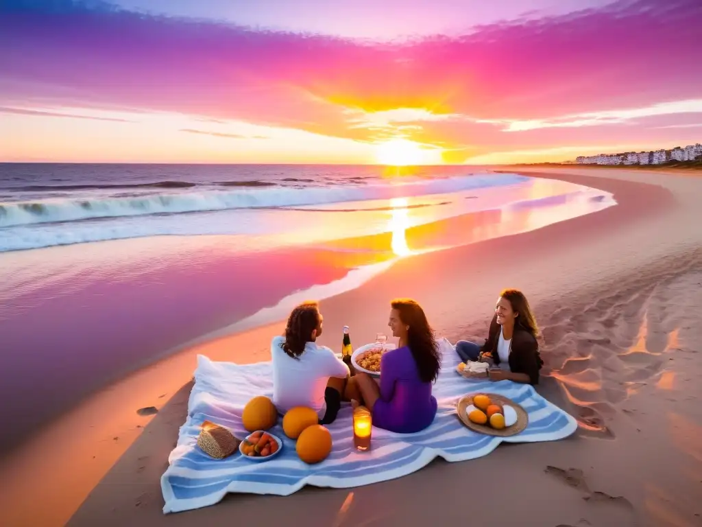 Consejos para disfrutar el verano en Uruguay: familia riendo en un picnic playa, amigos jugando vóley y parejas paseando al atardecer