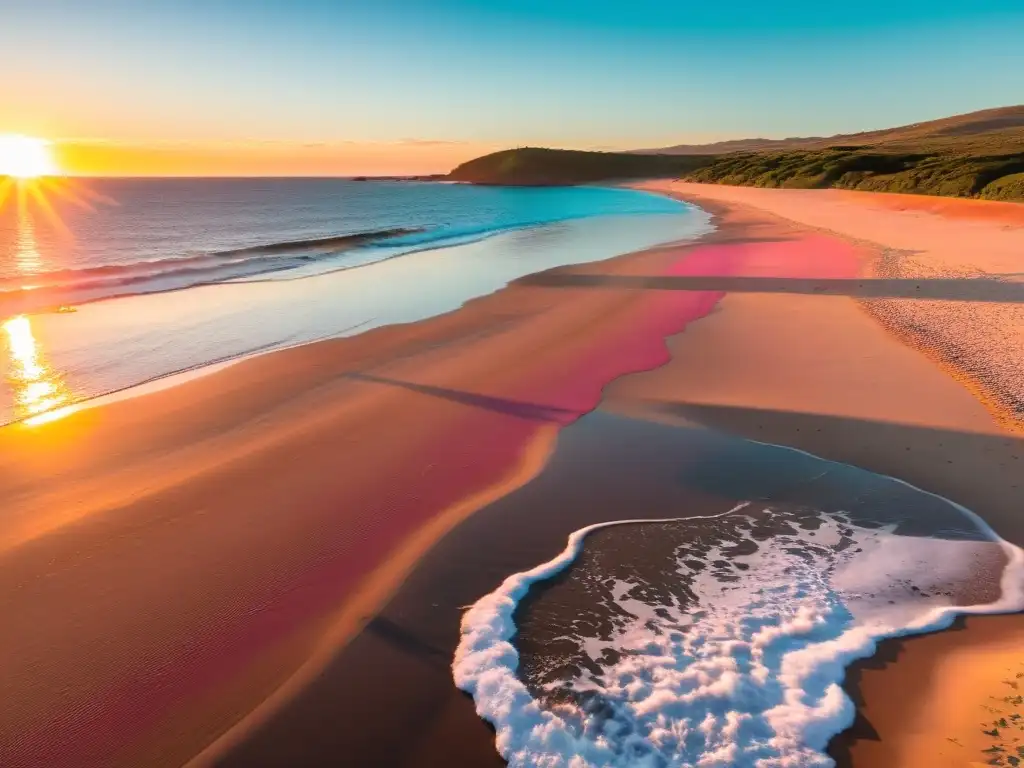 Consejos para disfrutar el verano en Uruguay: relájate en una playa idílica al atardecer, bañada por un cielo en tonos cálidos y un mar turquesa