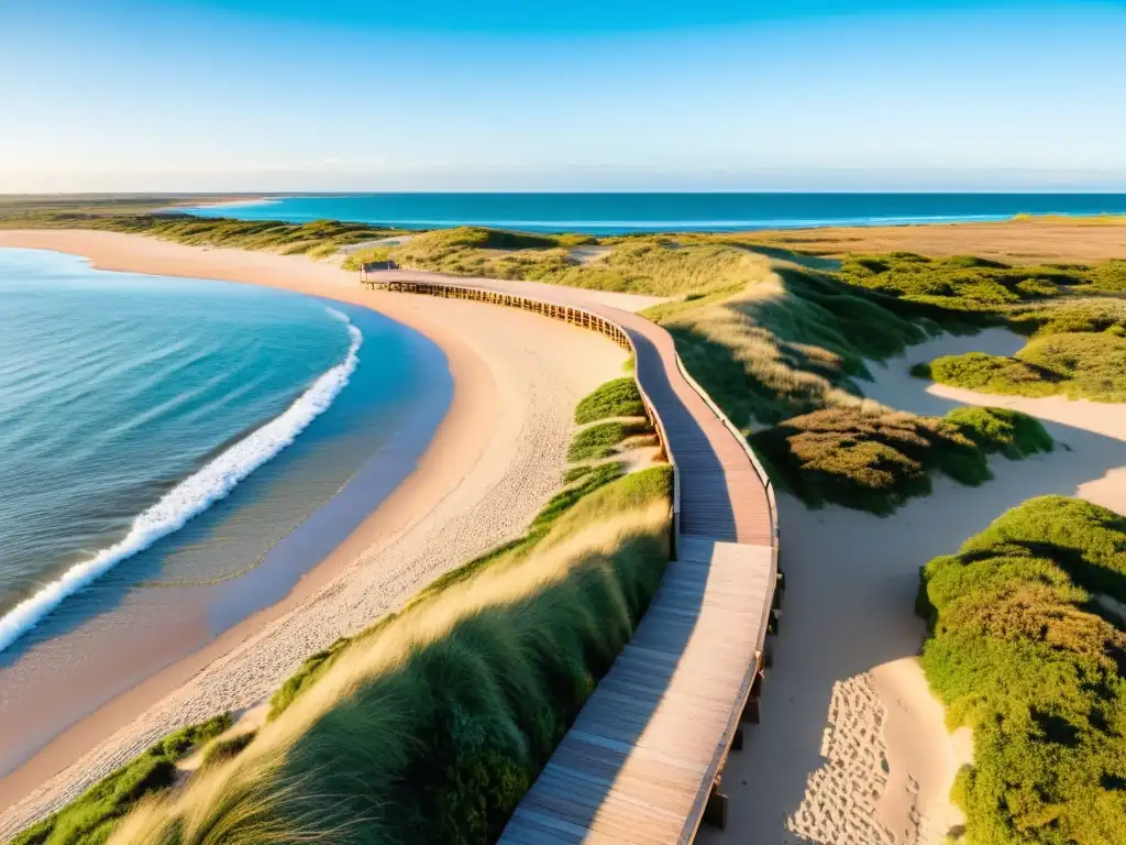 Consejos viaje accesible playas Uruguay: paseo de madera hacia el mar turquesa en una tarde dorada, personas disfrutando bajo un cielo ardiente