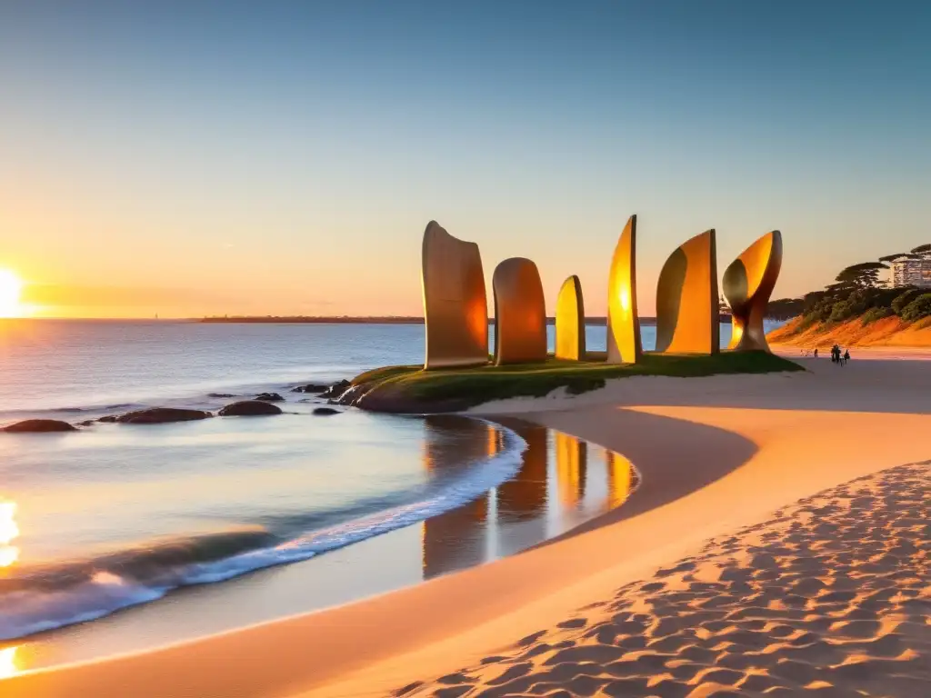 Consejos viaje accesible playas Uruguay: atardecer dorado en Punta del Este, interacción inclusiva con la escultura 'La Mano'