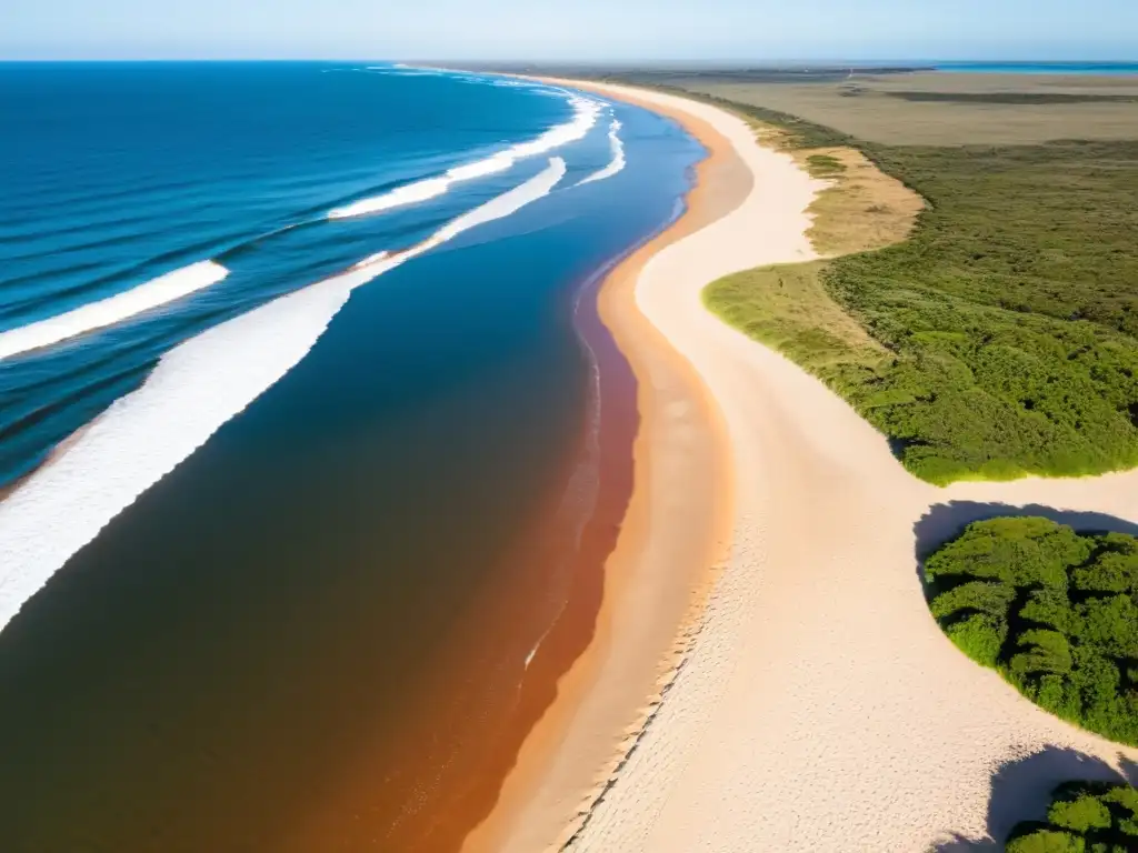 Consejos viaje accesible playas Uruguay: atardecer naranja, camino de madera hacia el mar cristalino, gente disfrutando la belleza y tranquilidad