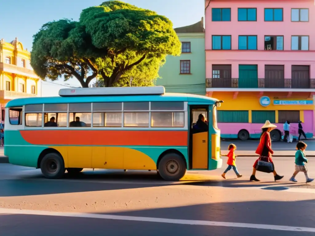 Consejos para viaje familiar Uruguay: amanecer en calles uruguayas, familia subiendo a un bus colorido, mezcla de arquitectura antigua y moderna