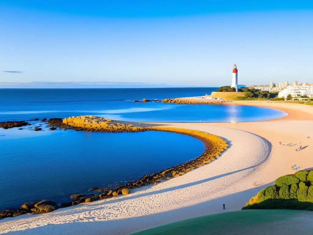 Consejos para viaje familiar Uruguay: disfrutando la dorada hora en Punta del Este, mar azul, playa con 'La Mano' y faro