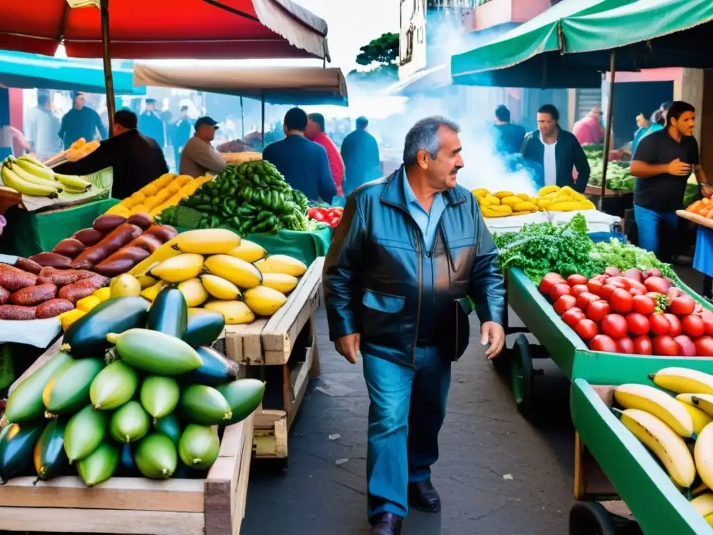 Consejos viaje económico Uruguay: Mercado local vibrante en Montevideo, lleno de frutas frescas y choripanes tradicionales