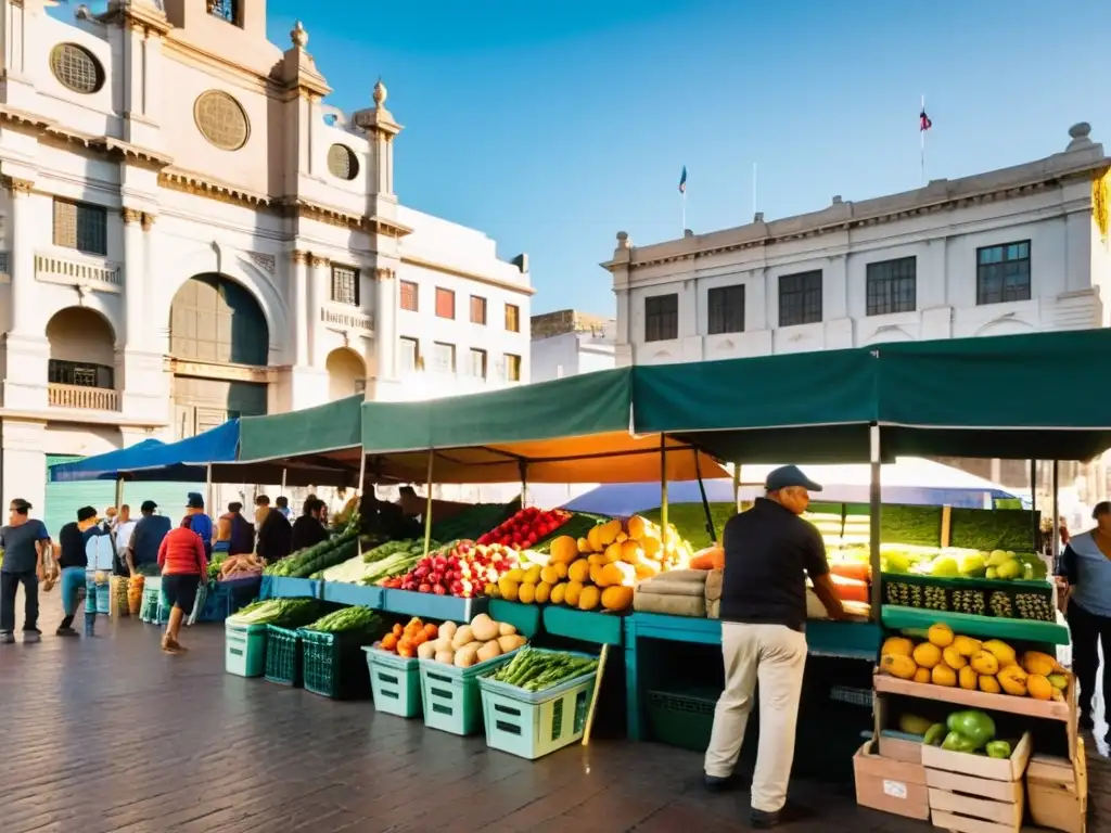 Consejos viaje económico Uruguay: mochileros regateando en un mercado local en Montevideo, lleno de frutas coloridas bajo el sol naciente