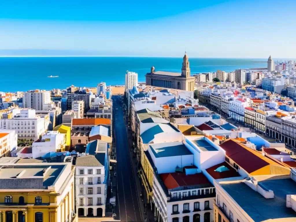 Contraste de historia y modernidad de Montevideo: Ciudad Vieja colonial a la izquierda, rascacielos futuristas a la derecha, bajo un cielo vibrante