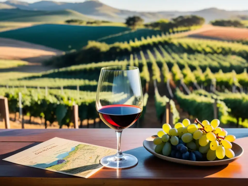 Una copa de Tannat reluce en una mesa rústica, mientras trabajadores cosechan uvas bajo el cielo azul de un viñedo uruguayo