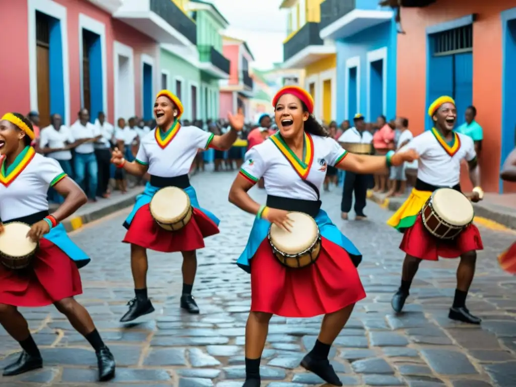 Candombe: corazón rítmico de Uruguay, danza vibrante en la calle empedrada, bajo la luz dorada del atardecer