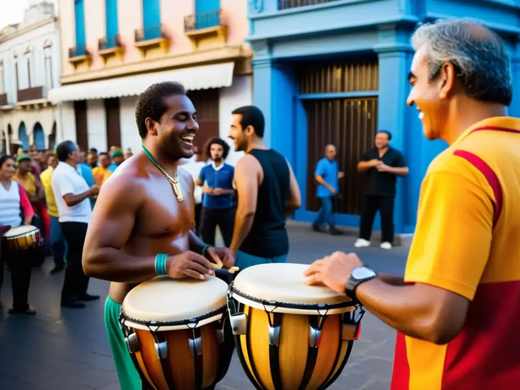 Candombe: corazón rítmico de Uruguay, en una vibrante escena de Carnaval en Montevideo, con músicos apasionados tocando sus tambores al atardecer