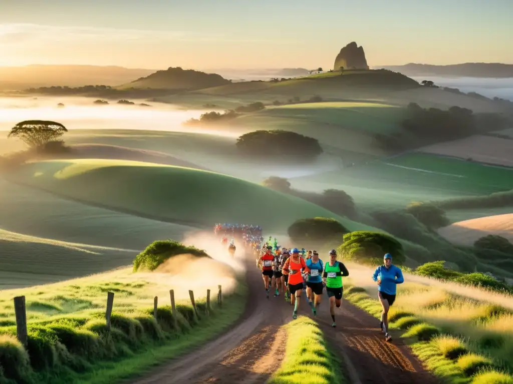 Corredores decididos en uno de los mejores maratones running Uruguay, avanzando al amanecer por un paisaje uruguayo dorado y neblinoso