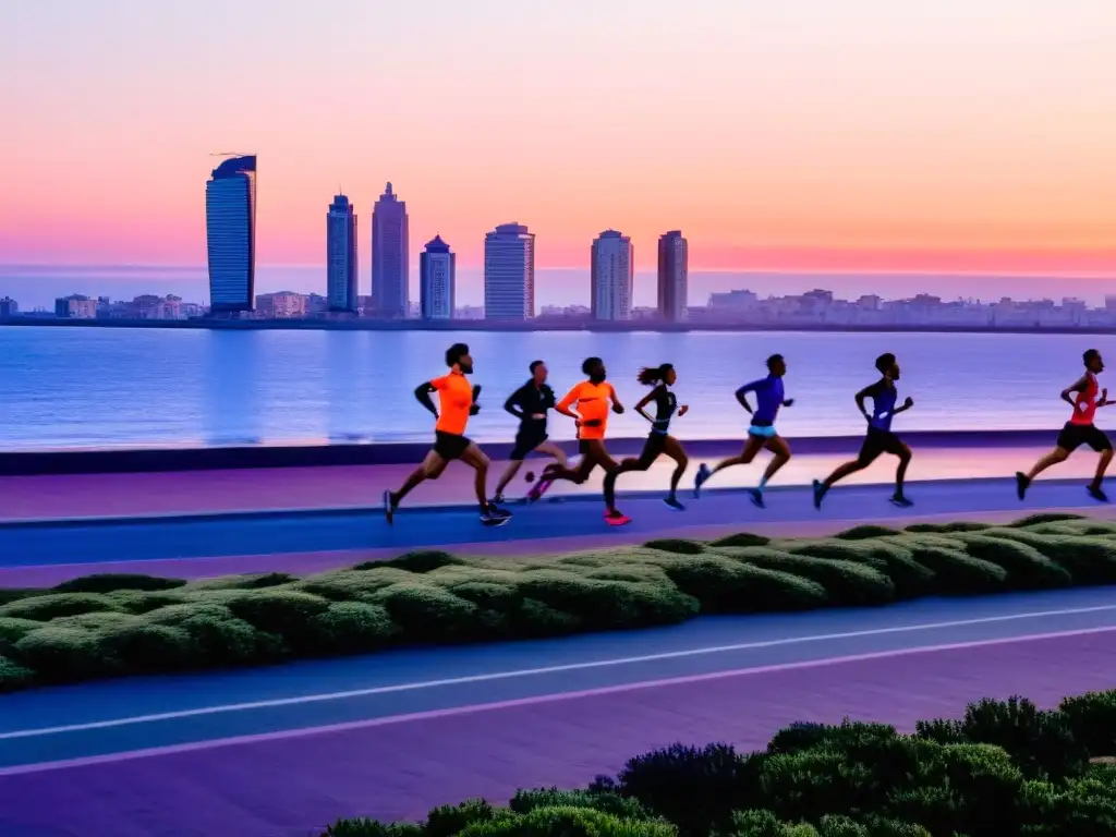 Corredores determinados en una de las mejores maratones running Uruguay, amanecer pintado de colores en la costa de Montevideo