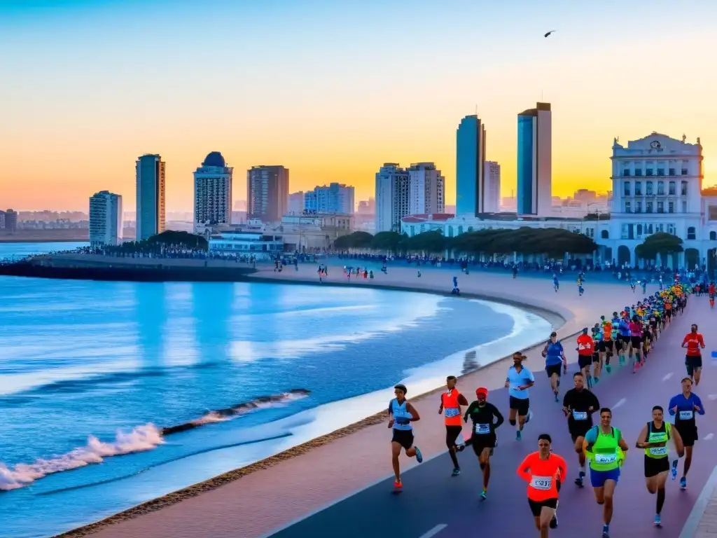 Corredores de todas las edades en la cálida luz del amanecer en Montevideo, simbolizando las mejores maratones running Uruguay