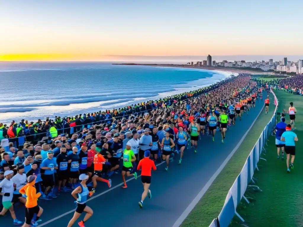 Corredores en uno de los mejores maratones running Uruguay, la Maratón de Montevideo, con el amanecer pintando el horizonte