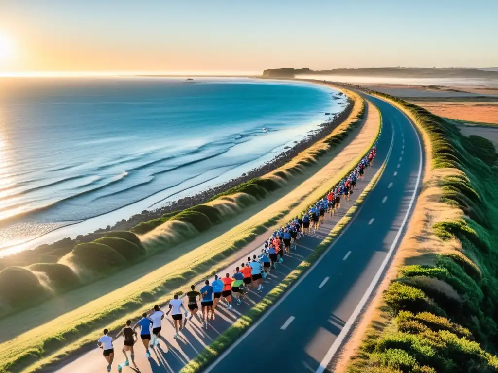 Corredores en uno de los mejores maratones running Uruguay, avanzando al amanecer por la hermosa costa de Montevideo