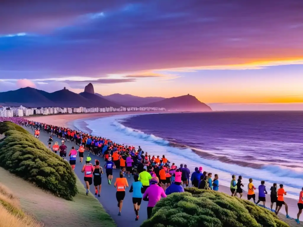 Corredores se preparan para uno de los mejores maratones running Uruguay, bajo un atardecer dorado en la costa uruguaya