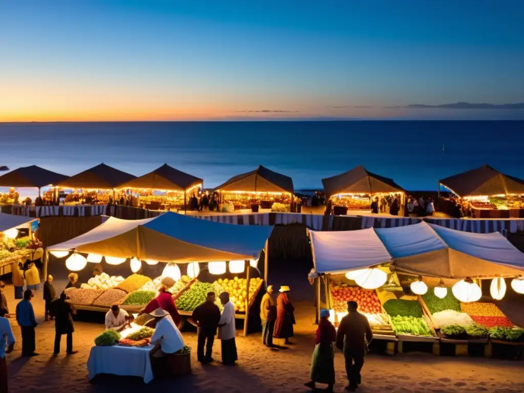 Gastronomía de la Costa en Uruguay, con un animado mercado al atardecer, familias disfrutando de la parrillada y platos costeros tradicionales