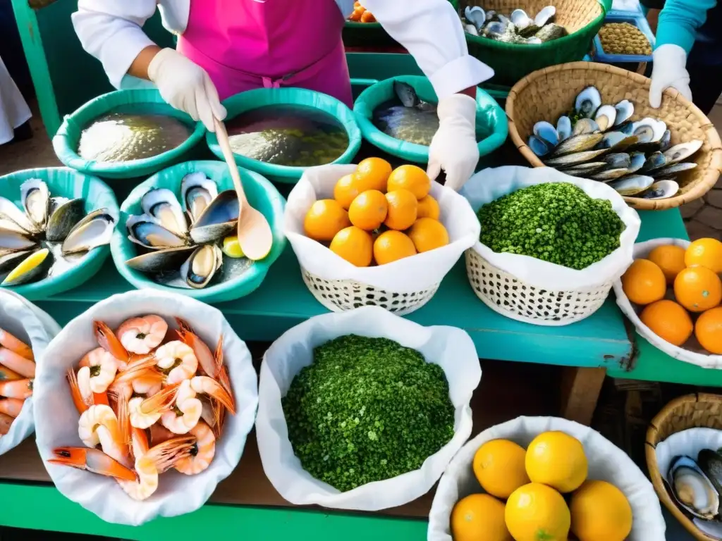 'Gastronomía de la Costa en Uruguay: mercado bullicioso con mariscos frescos, frutas cítricas y hierbas, bajo un sol radiante y el mar turquesa