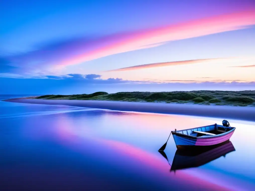 Amanecer en la costa este de Uruguay: belleza natural, mar azul reflejando cielo rosado, barco de pesca y casas rojas, invitándote a viajar