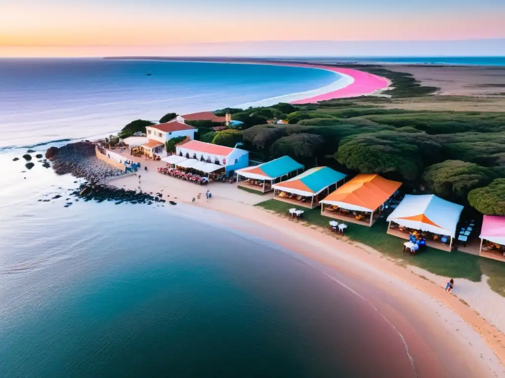 Gastronomía de la Costa en Uruguay; un pintoresco restaurante costero en medio de un atardecer mágico, lleno de sabor y alegría