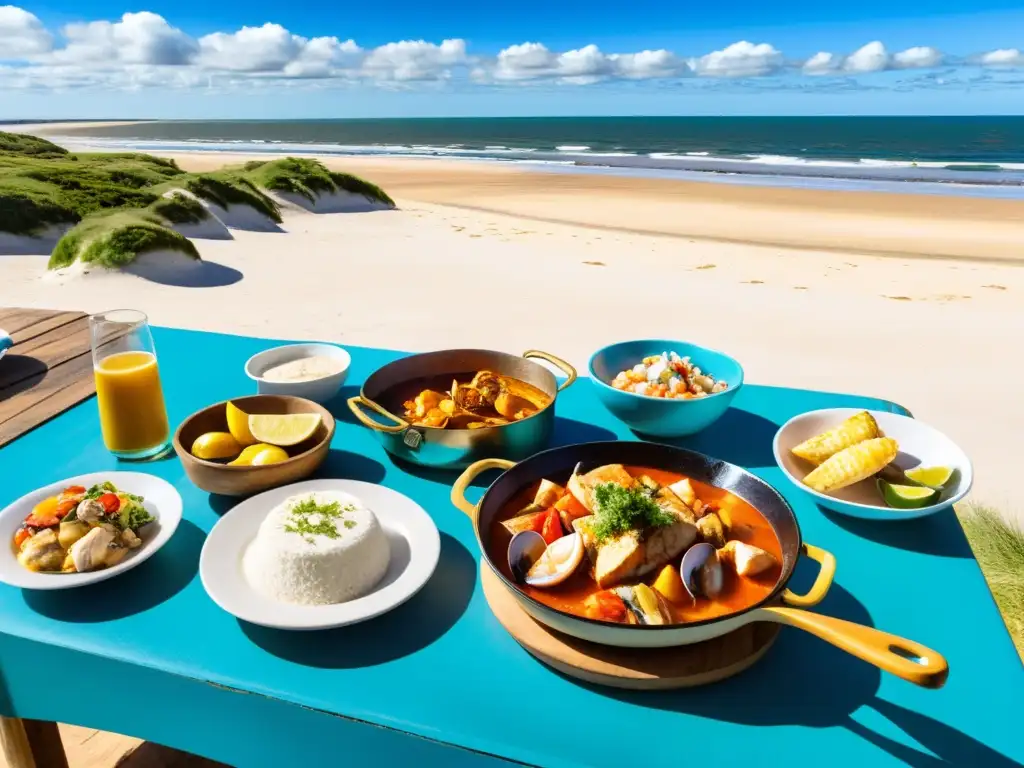 Gastronomía de la Costa en Uruguay: Mesa rústica al aire libre con cazuela de mariscos, empanadas y vino Tannat, en una playa soleada y vibrante