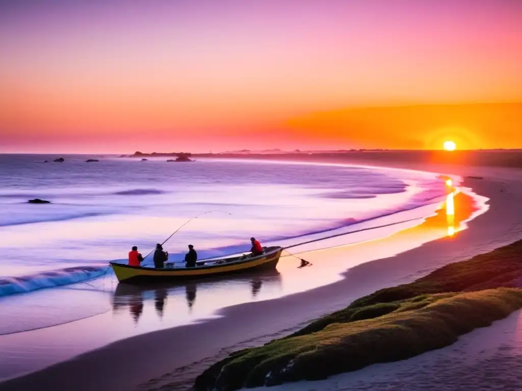 Amanecer en la costa uruguaya, pescadores se preparan para un Evento de Pesca Recreativa en Uruguay, lleno de risas, historias y delicias locales