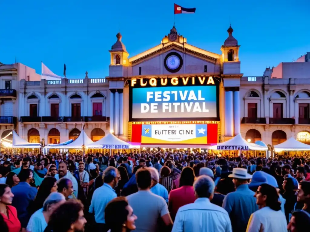 Crowd animada celebra los festivales de cine uruguayos reconocimiento internacional, bajo banderas en un antiguo cine en Montevideo