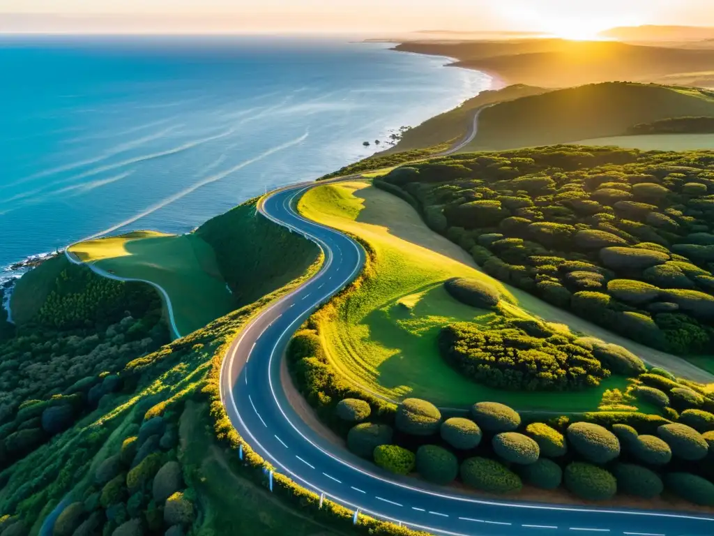 Cultura y belleza en Uruguay: vista aérea de la serpenteante carretera costera al atardecer, entre verdes colinas y mar azul