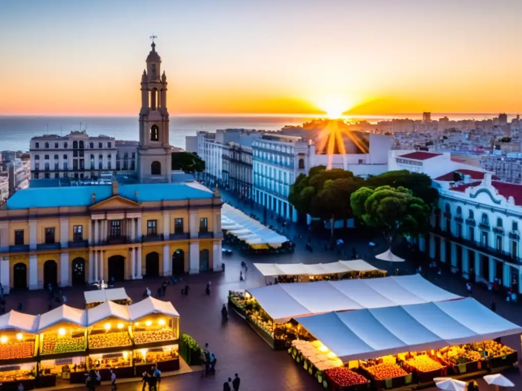 Revelando la cultura y belleza de Uruguay, un amanecer dorado ilumina Montevideo y su vibrante mercado matutino