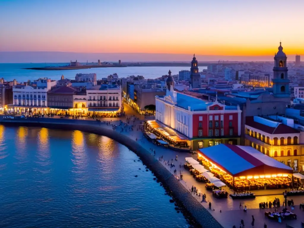 Cultura y belleza en Uruguay: Montevideo al atardecer, con el Mercado del Puerto lleno de vida y el majestuoso Palacio Salvo bajo la luz dorada