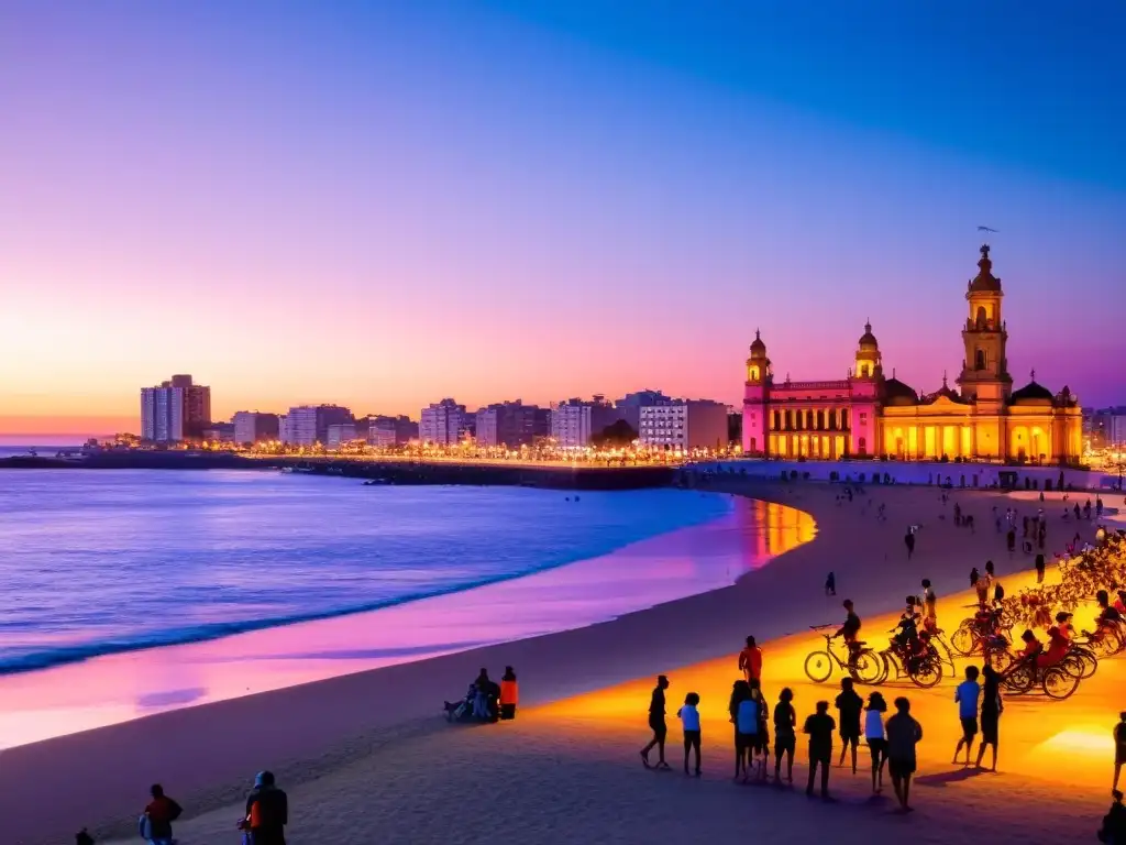 Cultura y belleza de Uruguay: Atardecer en Montevideo, Rambla animada, Palacio Salvo iluminado y el sereno Río de la Plata