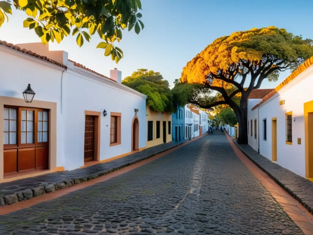 Cultura y belleza de Uruguay: pareja bailando Candombe al atardecer en las encantadoras calles empedradas de Colonia del Sacramento