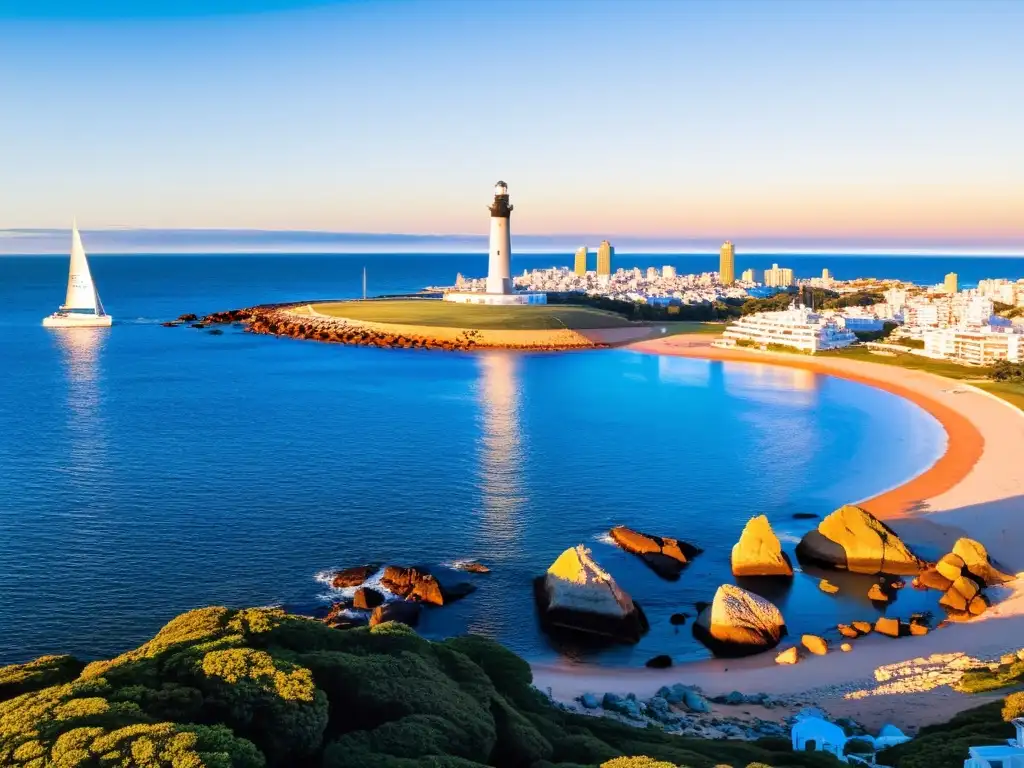 La cultura y belleza en Uruguay capturadas en el atardecer dorado de Punta del Este, con su faro, playas y vida vibrante