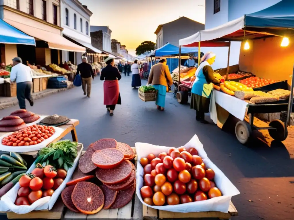 Cultura y belleza de Uruguay en su esplendor: mercado efervescente al atardecer, con una vendedora tradicional y ricos olores de chivito