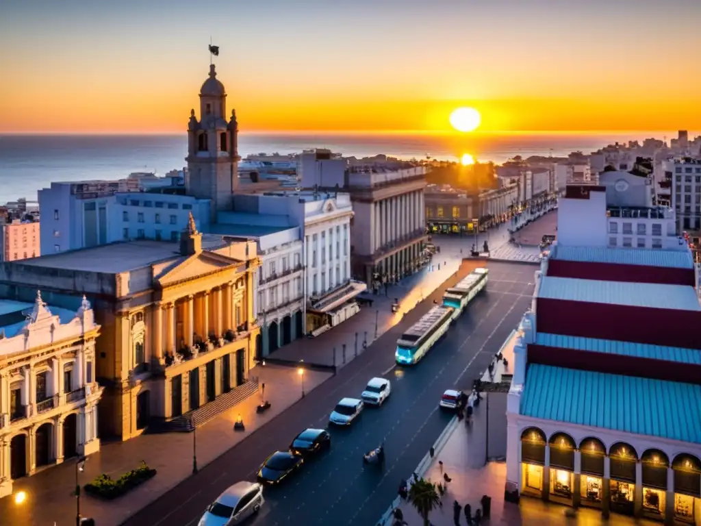 Amanecer en Montevideo, Uruguay, despierta la cultura y belleza del país; calles llenas de vida, arte y arquitectura histórica