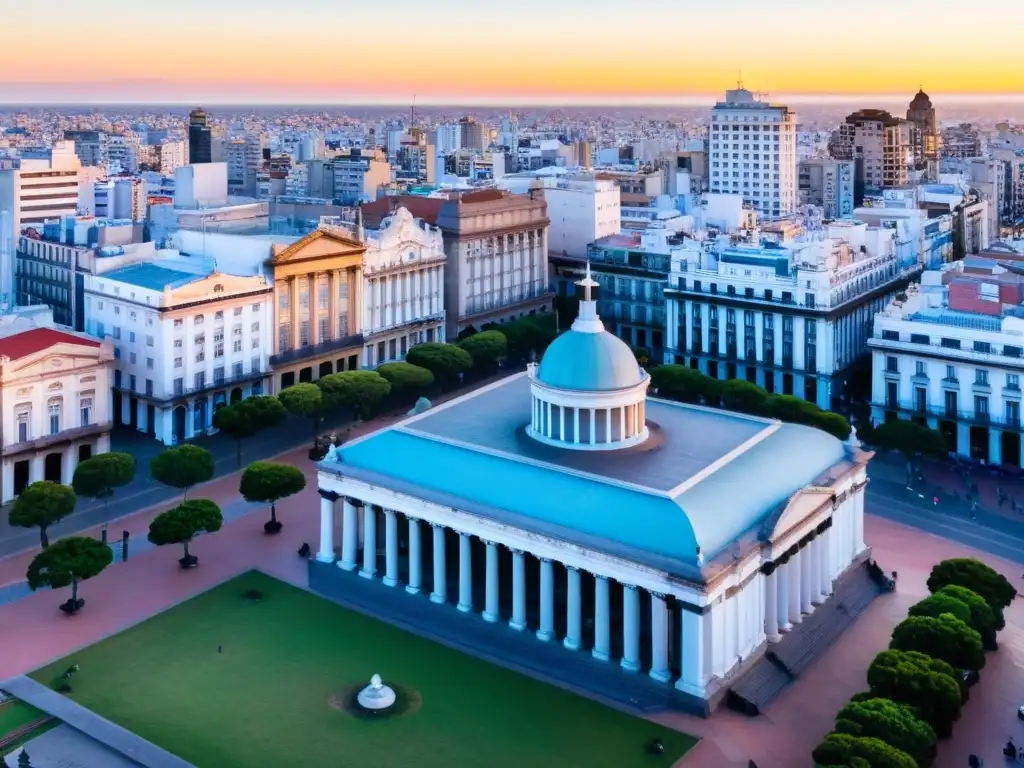 Revelando la cultura y belleza de Uruguay, la Plaza Independencia de Montevideo se llena de vida al atardecer