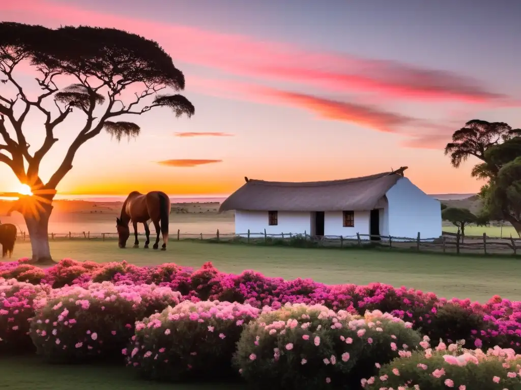 Explorando la cultura y belleza de Uruguay en primavera, con un amanecer tranquilo que ilumina una estancia típica y flores de lapacho