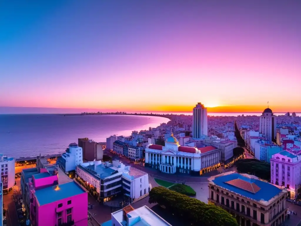 Explorando la cultura y belleza de Uruguay en primavera, con un atardecer dorado bañando Montevideo, lleno de vida y color