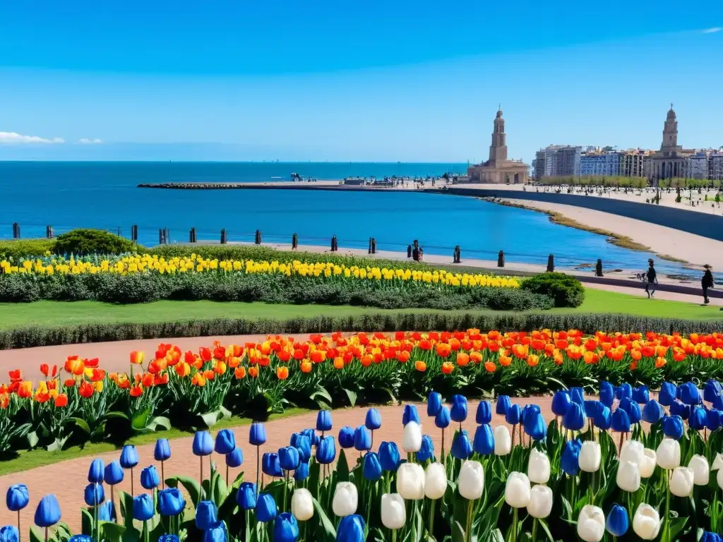 Explorando la cultura y belleza de Uruguay en primavera con una vista expansiva de la costa de Montevideo, llena de coloridas flores, mercados locales y el emblemático Palacio Salvo