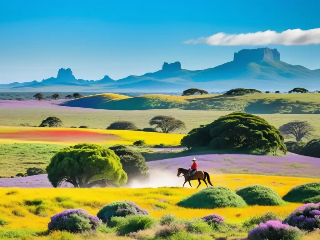 Explorando la cultura y belleza de Uruguay en primavera, con vistas panorámicas de campos verdes, un gaucho a caballo y una estancia rústica